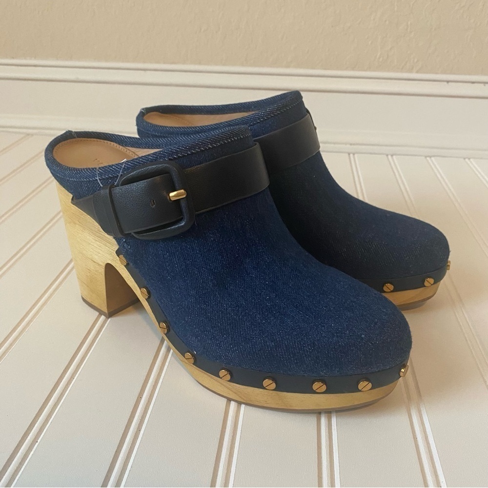 Veronica Beard | Women's Boho Retro Hippie 70s Dacey Denim Buckle Clogs Size 9 - Picture 4 of 8
